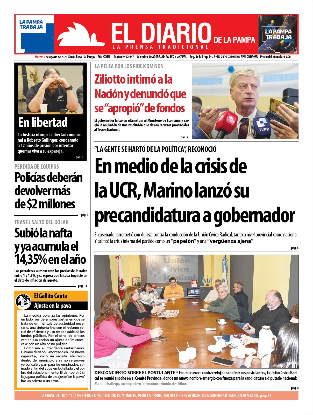 Tapa de El Diario en papel  martes 05 de agosto de 2025